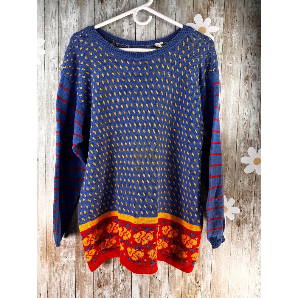 Vintage Women's Sweater Sz M Blue Yellow Orange Dot Floral Hem Striped Sleeves